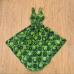 Green Print Tropical Flowy Midi Summer Dress
